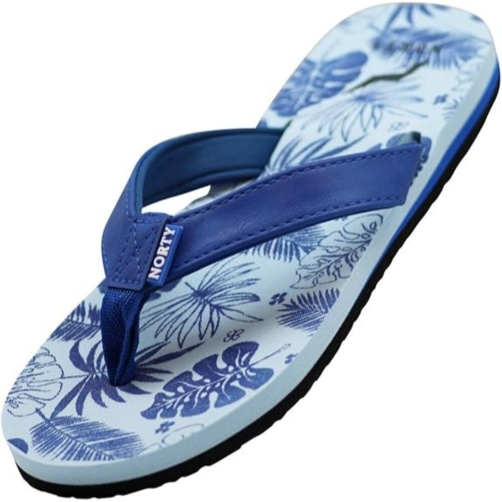 Norty Blue Flip-Flops With Tropical Print & Cushioned Soles Size 6 Comfortable S